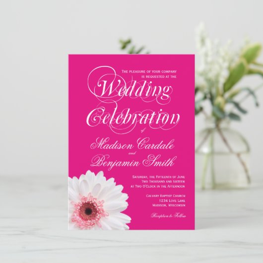 Hot-roze White Daisy Wedding Invitations Kaart (Staand voorkant)