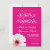 Hot-roze White Daisy Wedding Invitations Kaart (Voorkant)