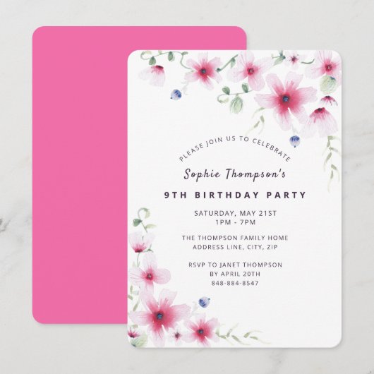 Hot-roze Wildbloemen Eenvoudige verjaardag Kaart (Voorkant / Achterkant)