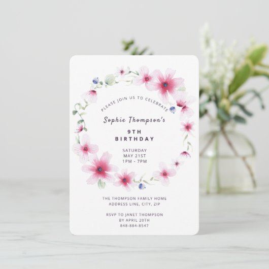 Hot-roze wilde bloemen, meisje-geboorte-partij kaart (Staand voorkant)