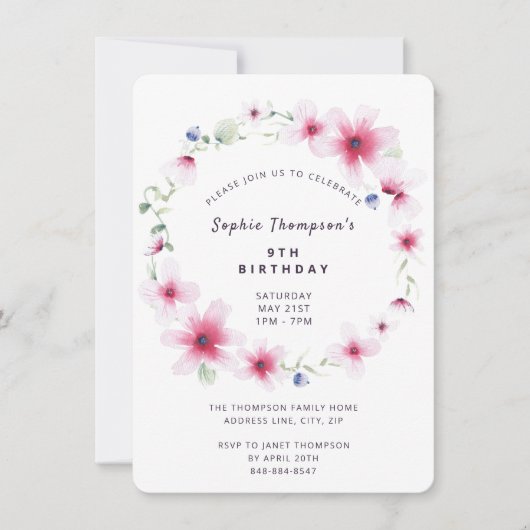 Hot-roze wilde bloemen, meisje-geboorte-partij kaart (Voorkant)