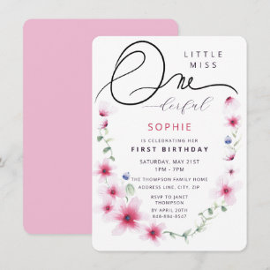 Hot-roze wilde bloemen met een 1-derful Girl Party Kaart