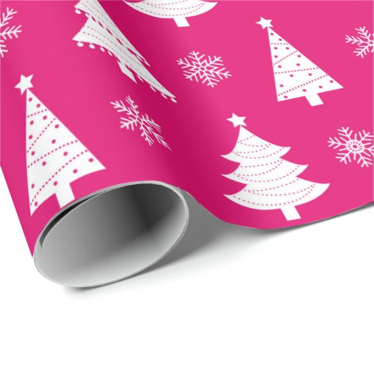 Hot-roze winterkerstboom en sneeuwvlokken cadeaupapier (Rol Hoek)