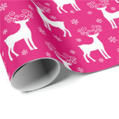 Hot-roze winterrendiertjes en sneeuwvlokken kerst cadeaupapier (Rol Hoek)