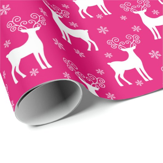 Hot-roze winterrendiertjes en sneeuwvlokken kerst cadeaupapier (Rol Hoek)