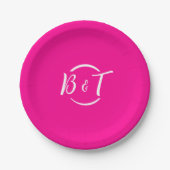 Hot roze wit bruiloft monogram papieren bordje (Voorkant)