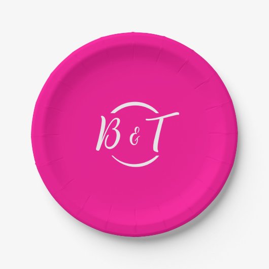 Hot roze wit bruiloft monogram papieren bordje (Voorkant)