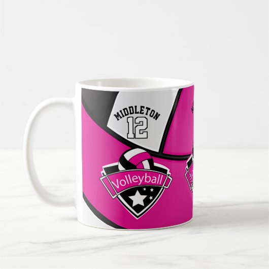 Hot-roze, wit en zwart volleybal koffiemok (Links)