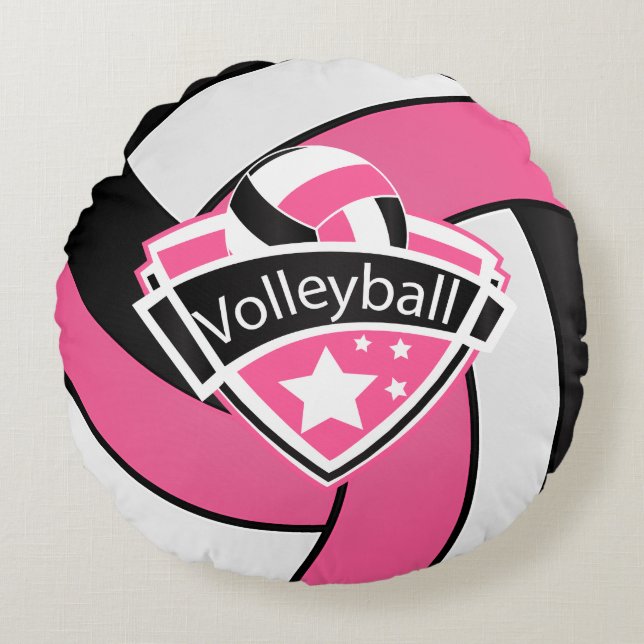Hot-roze, wit en zwart volleybal rond kussen (Voorkant)