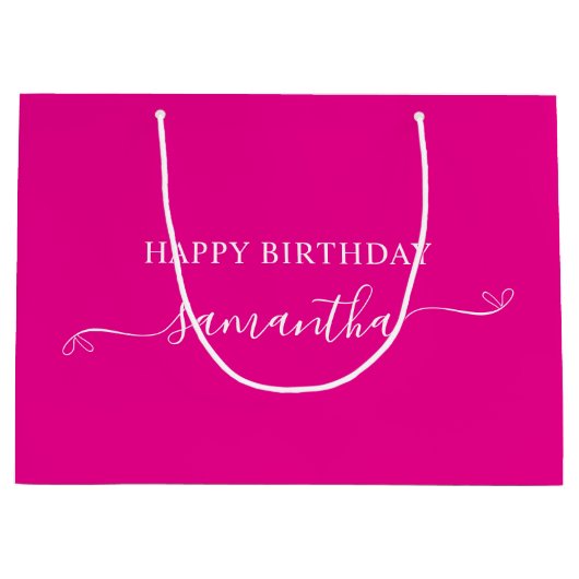 Hot Roze Wit Happy Birthday Bow Handtekening Naam Groot Cadeauzakje (Voorkant)