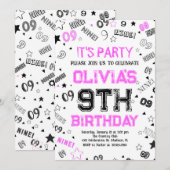 Hot roze wit jongen nummer negen verjaardag partij kaart (Voorkant / Achterkant)