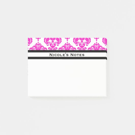 Hot-roze witte Damaspatroonpatroon, gepersonalisee Post-it® Notes (Voorkant)