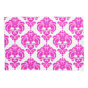 Hot Roze & Witte Elegante Chic Damast Patroon Kussensloop