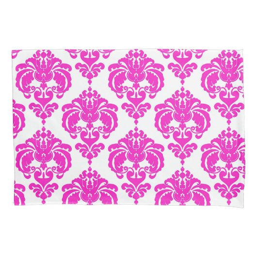 Hot Roze & Witte Elegante Chic Damast Patroon Kussensloop (Voorkant)