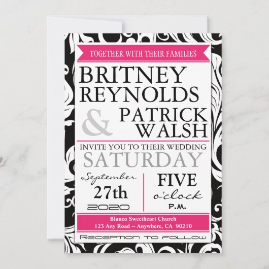 Hot-roze witte en zwarte Damask bruiloft-uitnodigi Kaart (Achterkant)