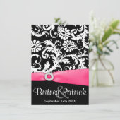 Hot-roze witte en zwarte Damask bruiloft-uitnodigi Kaart (Staand voorkant)