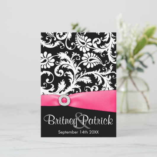 Hot-roze witte en zwarte Damask bruiloft-uitnodigi Kaart (Staand voorkant)