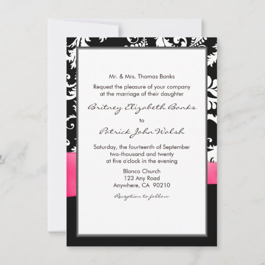 Hot-roze witte en zwarte Damask bruiloft-uitnodigi Kaart (Achterkant)