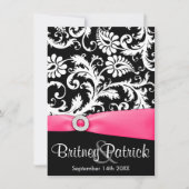 Hot-roze witte en zwarte Damask bruiloft-uitnodigi Kaart (Voorkant)