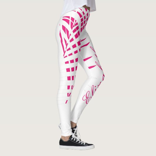 Hot-roze witte palm Bladeren Monogram Naam Meisje Leggings (Rechts)