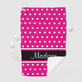 Hot-roze witte pooldot zwarte stripescript naam golfhanddoek (Insitu)