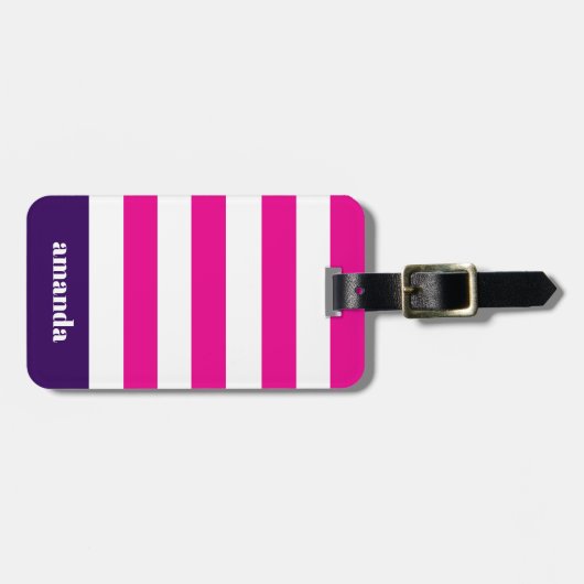 Hot roze witte strepen aangepaste naam bagagelabel (Voorkant horizontaal)