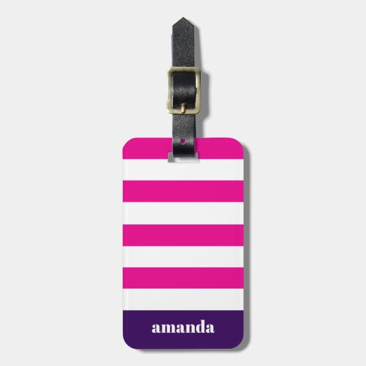 Hot roze witte strepen aangepaste naam bagagelabel (Voorkant verticaal)