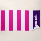 Hot roze witte strepen aangepaste naam strandlaken (Voorkant)