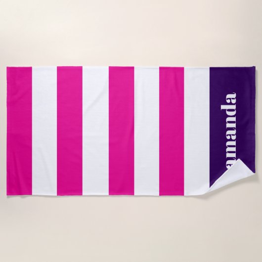 Hot roze witte strepen aangepaste naam strandlaken (Voorkant)