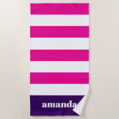 Hot roze witte strepen aangepaste naam strandlaken (Voorkant)