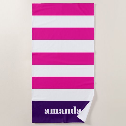 Hot roze witte strepen aangepaste naam strandlaken (Voorkant)