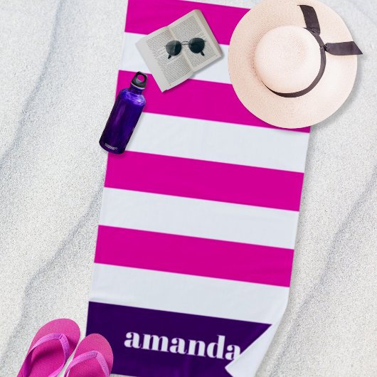 Hot roze witte strepen aangepaste naam strandlaken