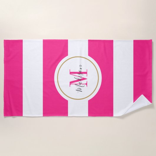 Hot-roze witte strepen grafisch monogram, op maat  strandlaken (Voorkant)