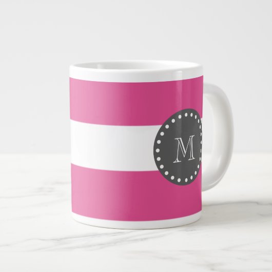 Hot-roze witte strepen patroon, koolmonogram grote koffiekop (Voorkant rechts)