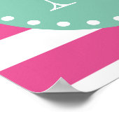 Hot-roze witte strepen patroon, Mint Green Monogra Poster (Hoek)