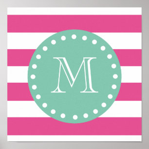 Hot-roze witte strepen patroon, Mint Green Monogra Poster