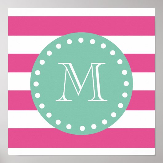 Hot-roze witte strepen patroon, Mint Green Monogra Poster (Voorkant)
