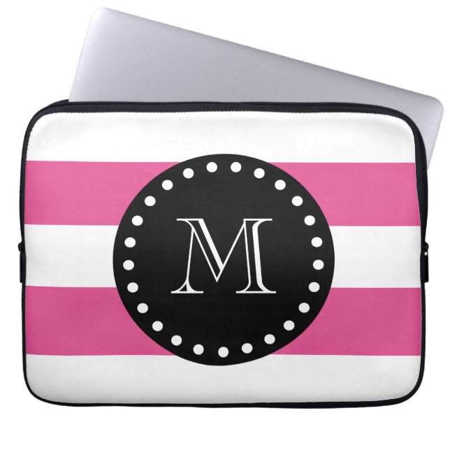 Hot-roze witte strips patroon, zwart monogram laptop sleeve (Voorkant)