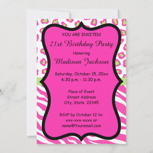 Hot-roze witte Zebra 21e verjaardag Kaart (Achterkant)