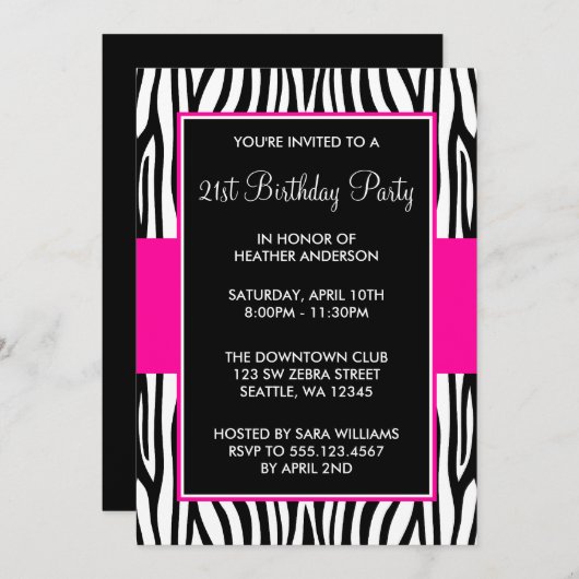 Hot-roze Zebra 21e verjaardag Kaart (Voorkant / Achterkant)
