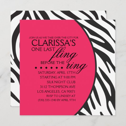 Hot-roze Zebra Afdrukken Aangepaste bachelorette Kaart (Voorkant / Achterkant)