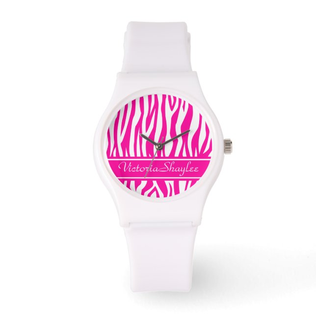 Hot-roze Zebra Afdrukken met aangepaste tekst Horloge (Voorkant)