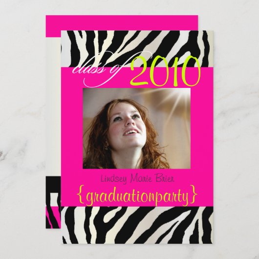 Hot-roze Zebra Afstuderen Fotouitnodiging Kaart (Voorkant / Achterkant)