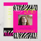 Hot-roze Zebra Afstuderen Fotouitnodiging Kaart (Voorkant / Achterkant)