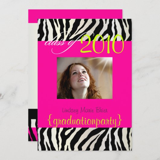 Hot-roze Zebra Afstuderen Fotouitnodiging Kaart (Voorkant / Achterkant)