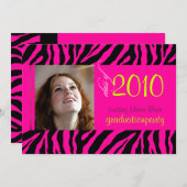 Hot-roze Zebra Afstuderen Fotouitnodiging Kaart (Voorkant / Achterkant)