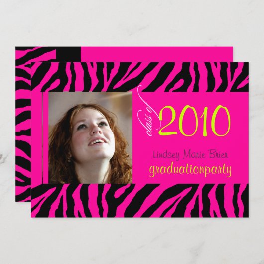 Hot-roze Zebra Afstuderen Fotouitnodiging Kaart (Voorkant / Achterkant)