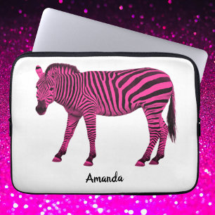 Hot-roze Zebra elektronica-tas met Jouw naam Laptop Sleeve