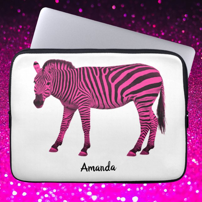 Hot-roze Zebra elektronica-tas met Jouw naam Laptop Sleeve (Creator heeft geüpload)