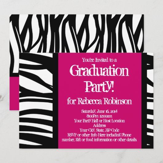 Hot-roze Zebra Graduation Party Kaart (Voorkant / Achterkant)